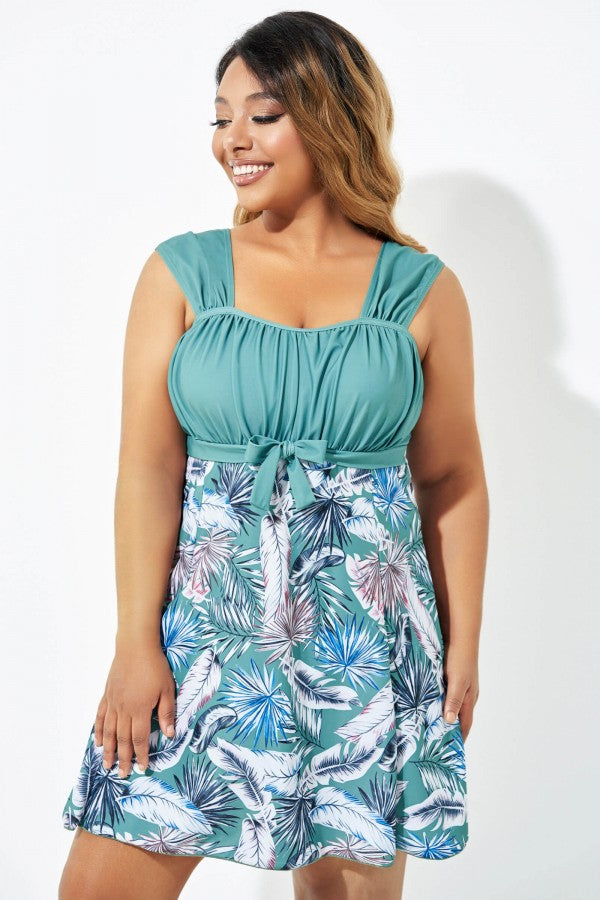 Green Leaf Print Wide Strap Knot Swimdress