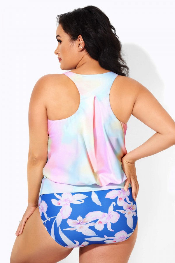 Rainbow Stylish Scoopneck Blouson Tankini Top