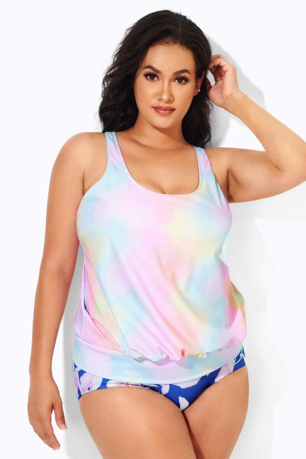 Rainbow Stylish Scoopneck Blouson Tankini Top