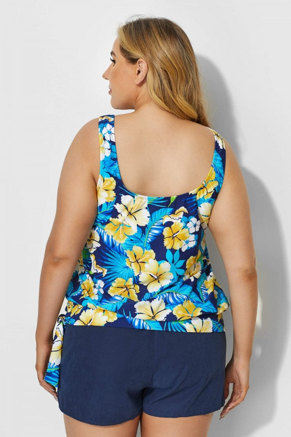 Navy Women Floral Printed Side Tie Tankini Set