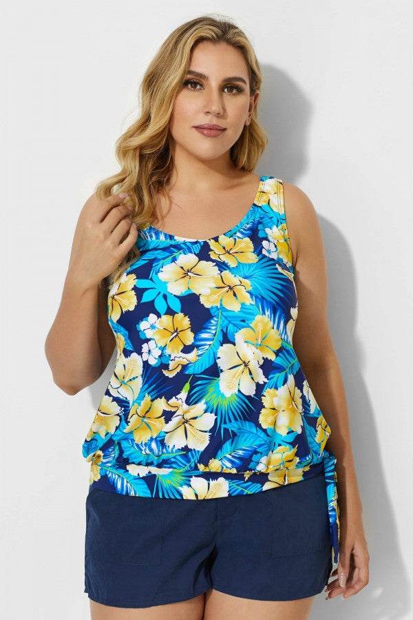 Navy Women Floral Printed Side Tie Tankini Set