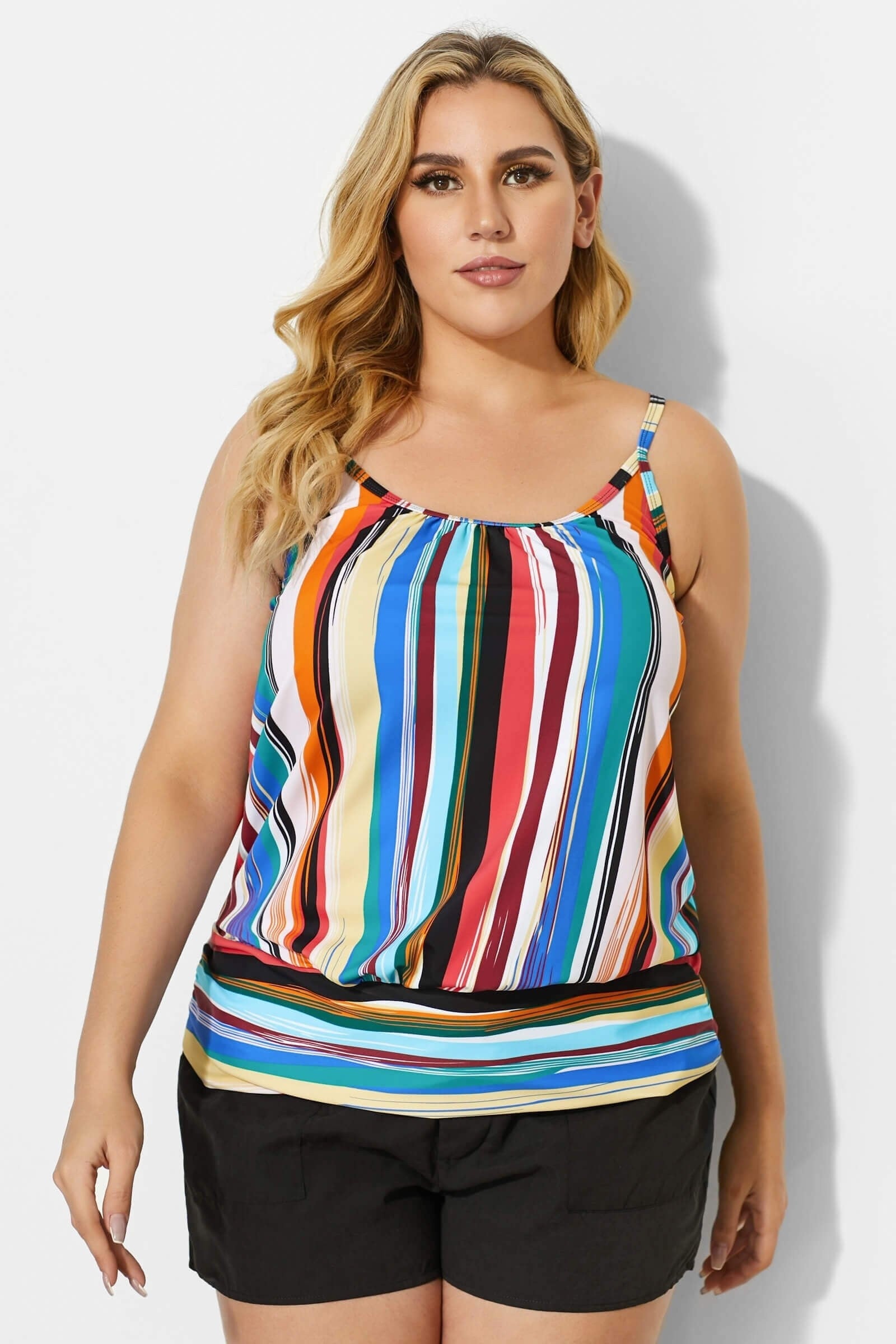 Fashionable Technicolor Draped Blouson Tankini Top