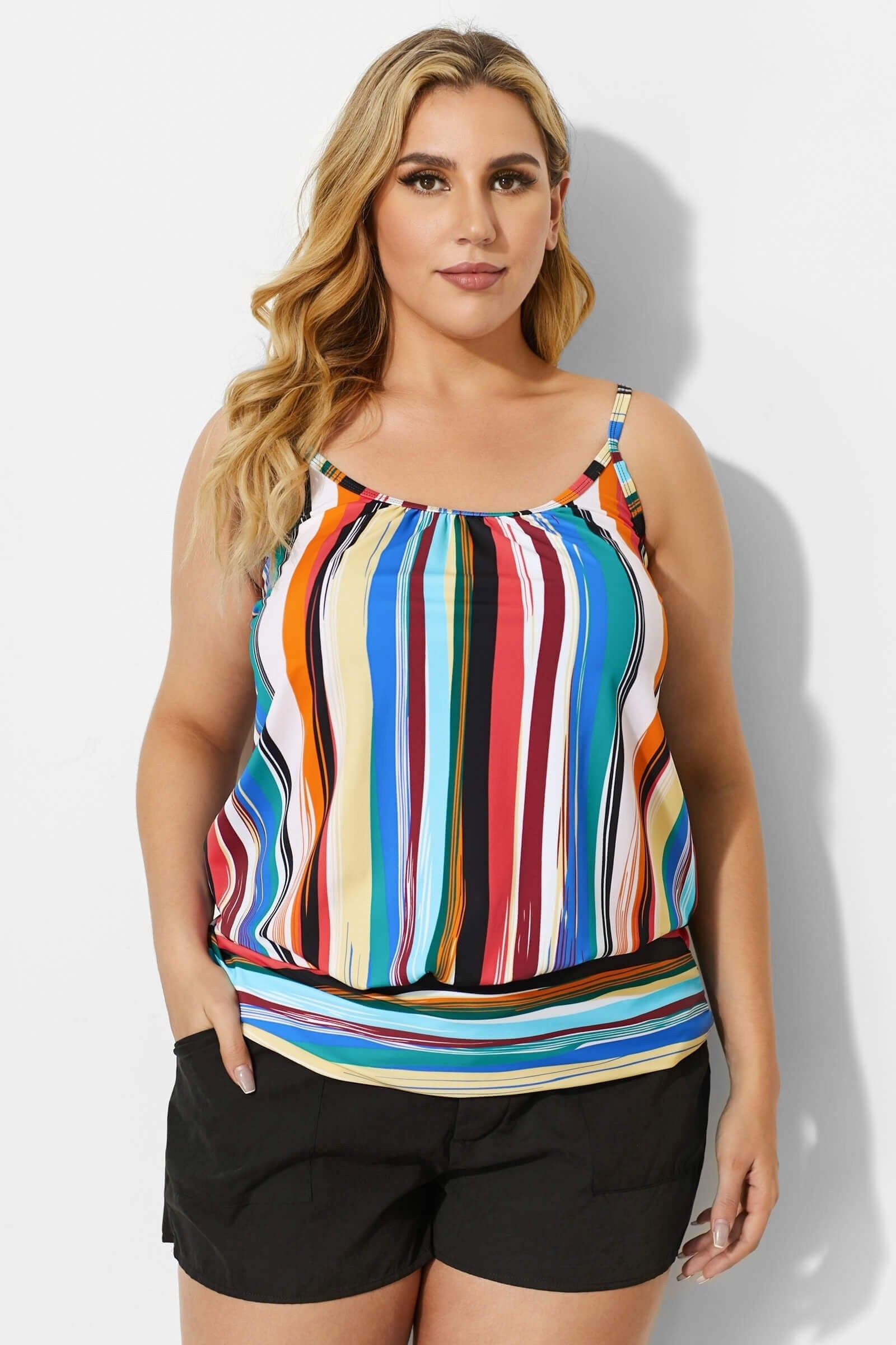 Fashionable Technicolor Draped Blouson Tankini Top