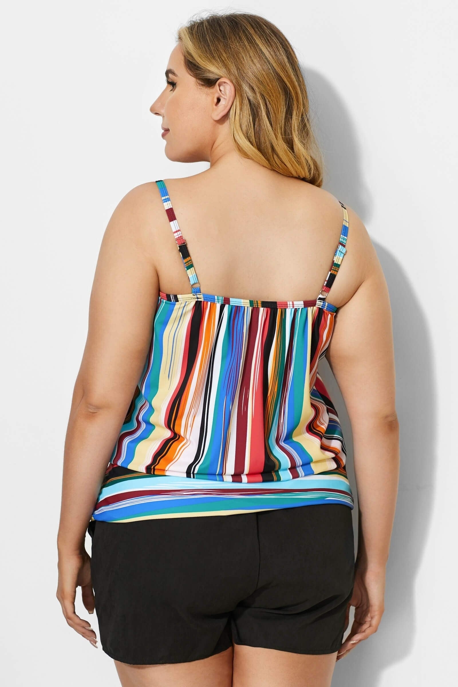 Fashionable Technicolor Draped Blouson Tankini Top