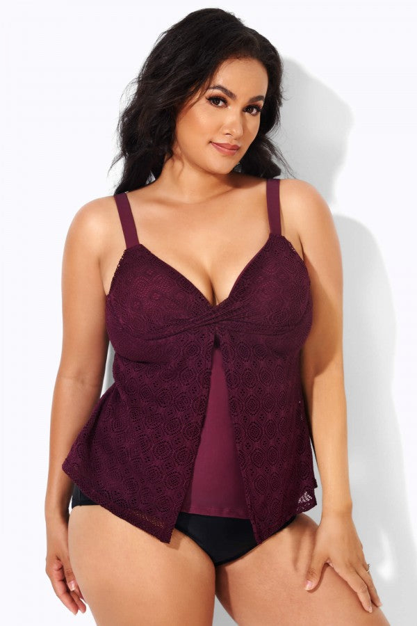 Wine Flyaway Flowy Twist Front Tankini Top