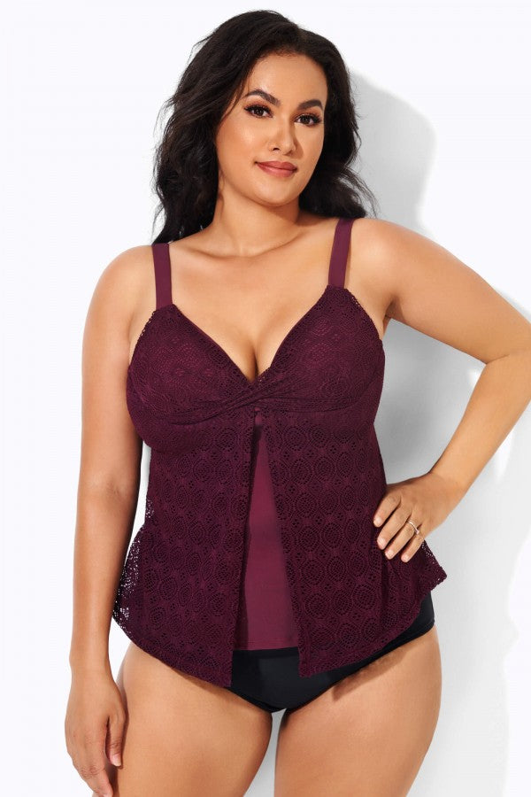 Wine Flyaway Flowy Twist Front Tankini Top