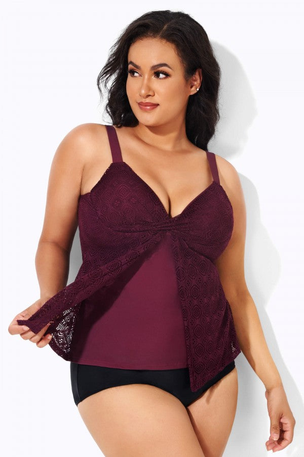 Wine Flyaway Flowy Twist Front Tankini Top