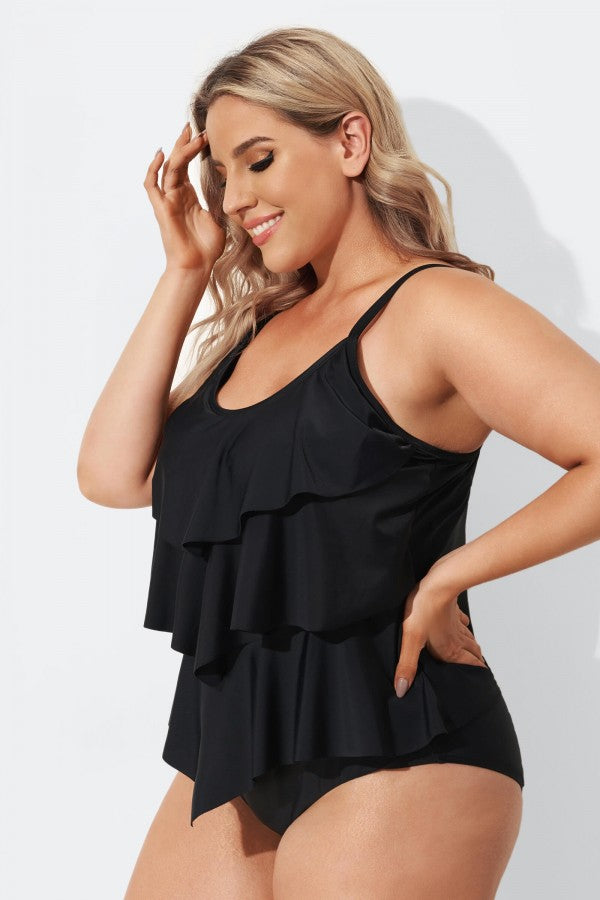 Plain Black V-neck Ruffle Women Tankini Set