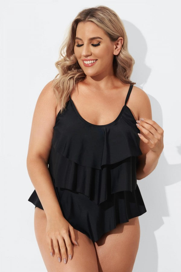 Plain Black V-neck Ruffle Women Tankini Set