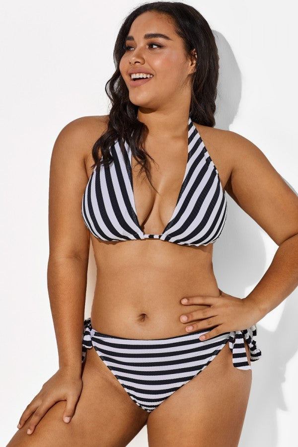 Self Tie Striped Ribbed Triangle Bikini Set