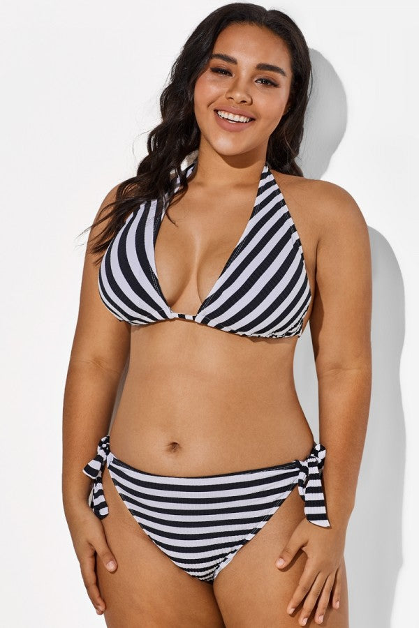 Self Tie Striped Ribbed Triangle Bikini Set