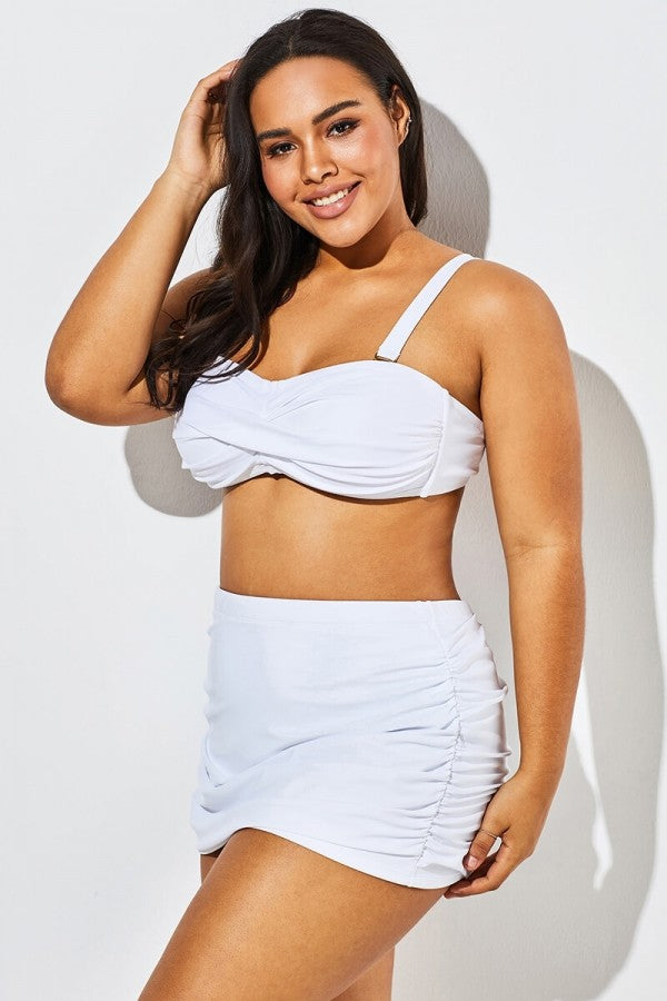 White Twist Front Bandeau Spa Bikini with Skirt