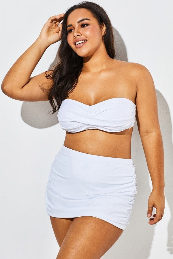 White Twist Front Bandeau Spa Bikini with Skirt