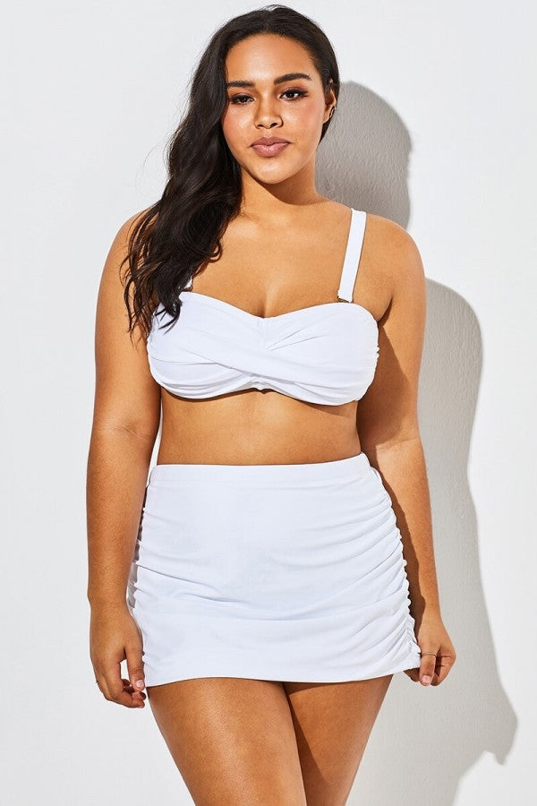 White Twist Front Bandeau Spa Bikini with Skirt