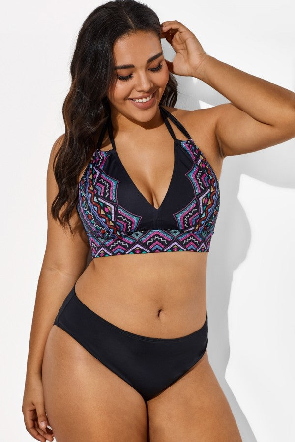 Black and Purple Printed Halter Sexy Bikini Set