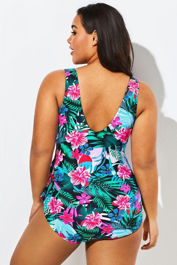 Floral Printed Sarong Front One Piece Swimsuit