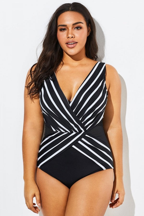 Black V-Neck Streak Modern One Piece Swimsuit