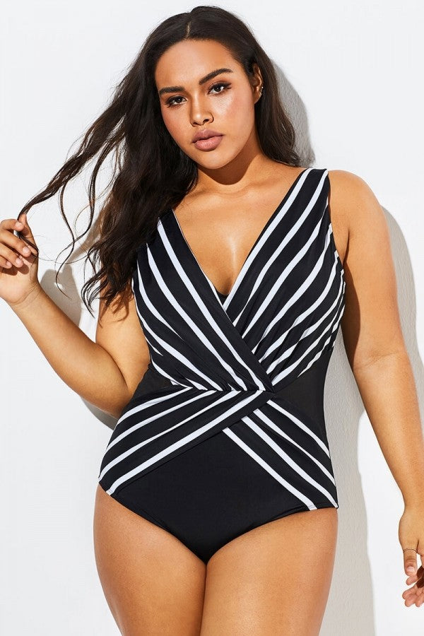 Black V-Neck Streak Modern One Piece Swimsuit