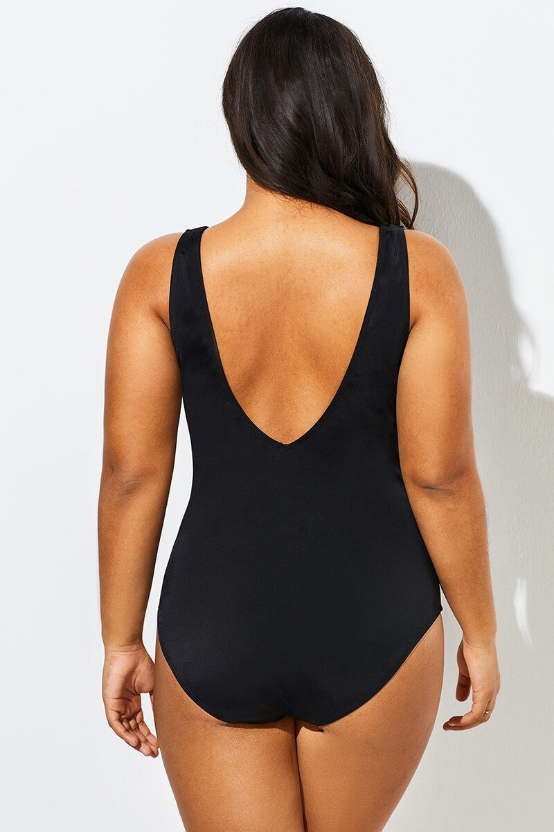 Black V-Neck Streak Modern One Piece Swimsuit