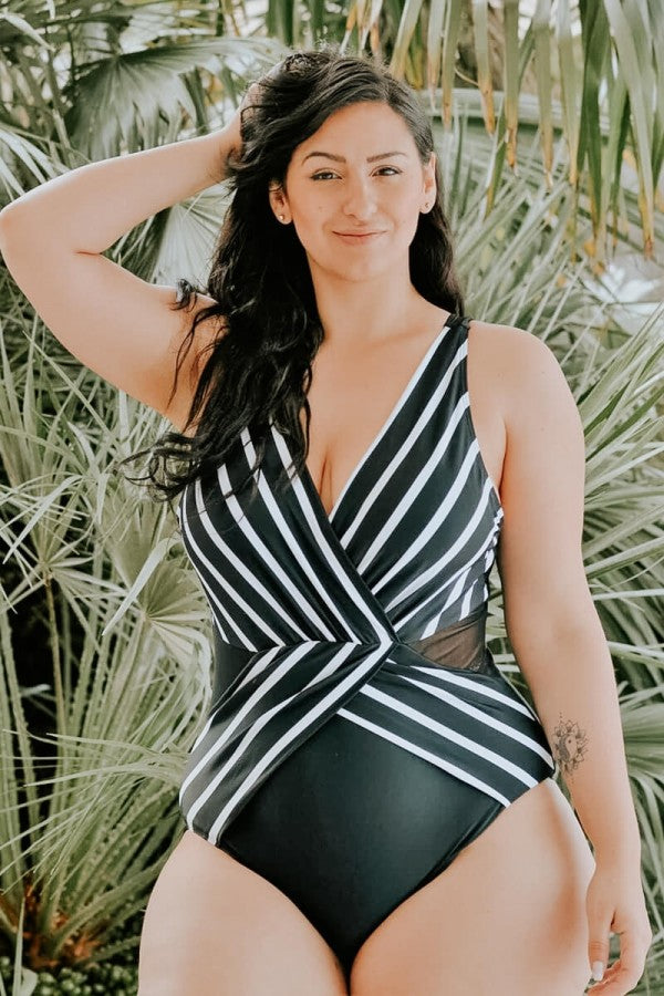 Black V-Neck Streak Modern One Piece Swimsuit