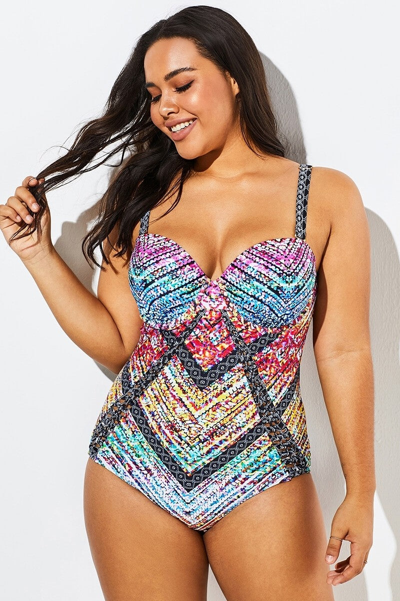 Technicolor Cut Out Underwire One Piece Swimsuit