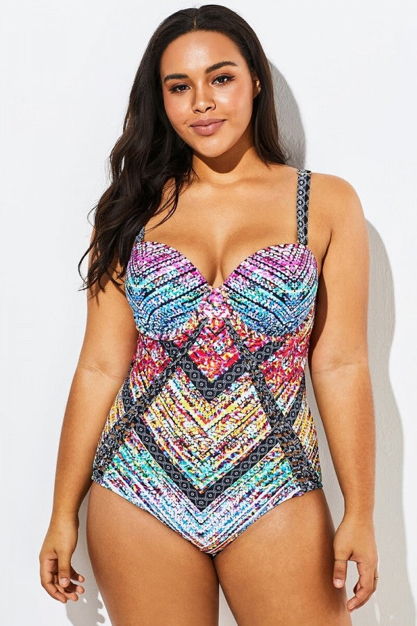 Technicolor Cut Out Underwire One Piece Swimsuit