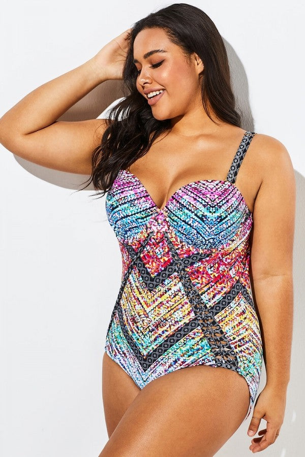 Technicolor Cut Out Underwire One Piece Swimsuit