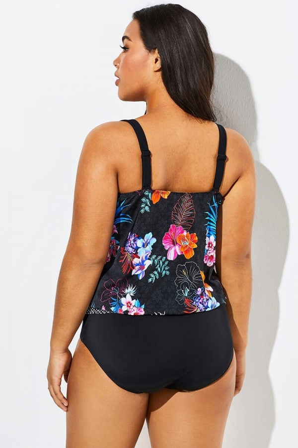 Hawaiian Printed Blouson One Piece Swimsuit