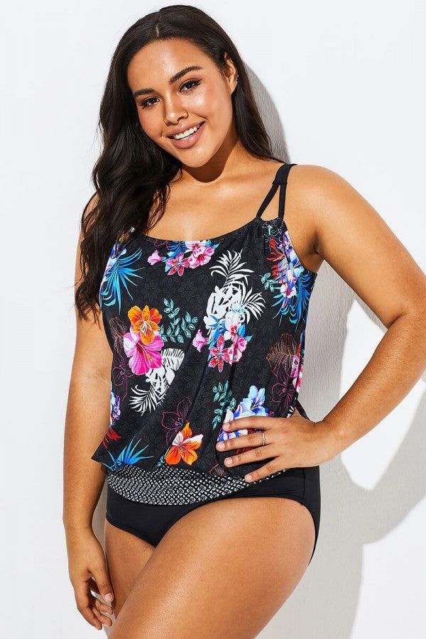 Hawaiian Printed Blouson One Piece Swimsuit