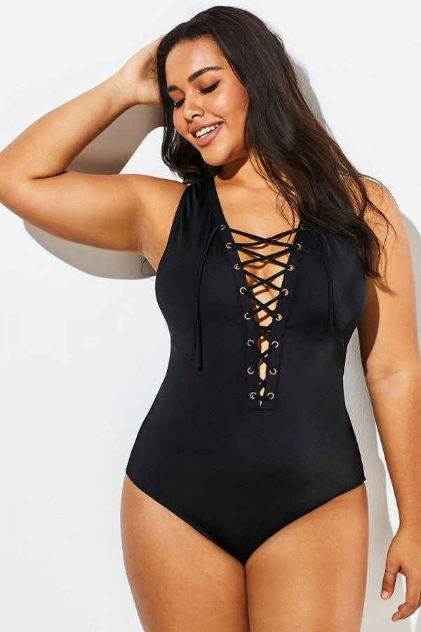 Black Lace Up One Piece Open Back Swimsuit