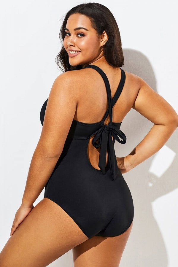 Black Lace Up One Piece Open Back Swimsuit