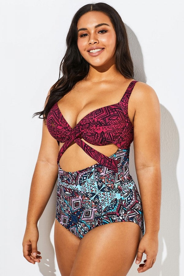 Geometric Pattern Cut Out One Piece Swimsuit