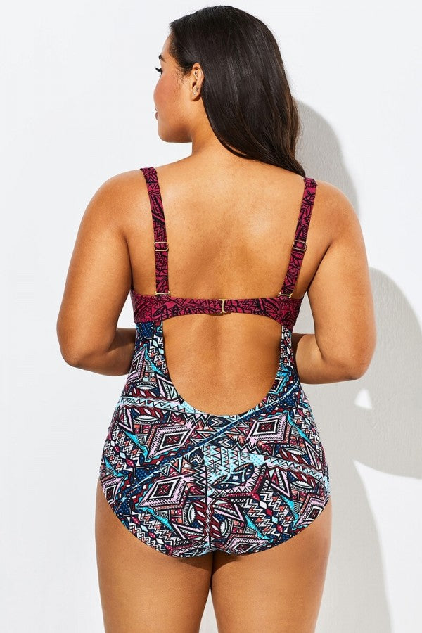 Geometric Pattern Cut Out One Piece Swimsuit