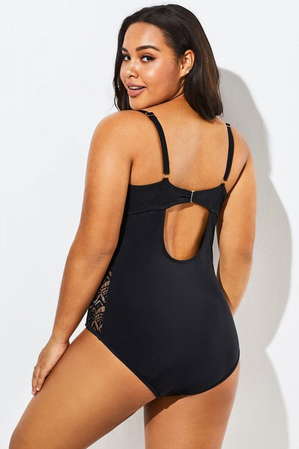 Black Backless Crochet Underwire One Piece Swimsuit