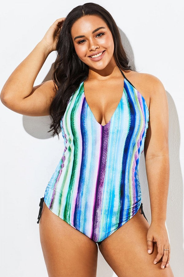 Multistripe Women V-neck Halter One Piece Swimsuit