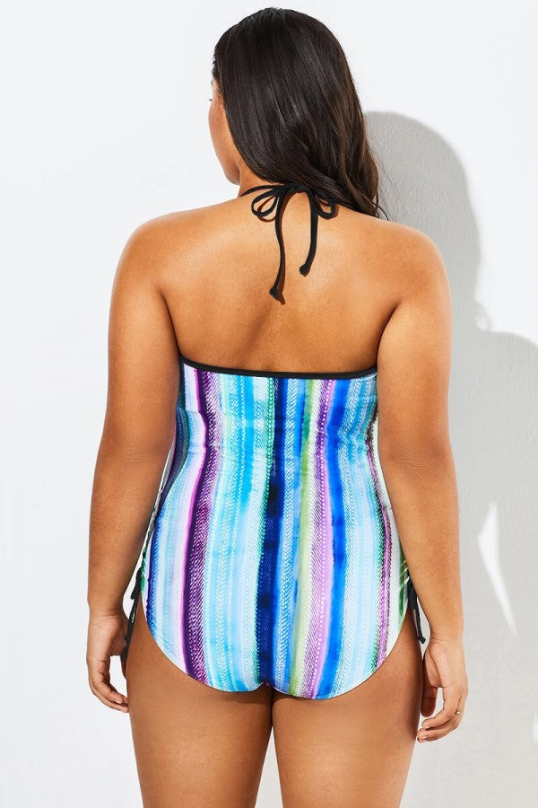 Multistripe Women V-neck Halter One Piece Swimsuit