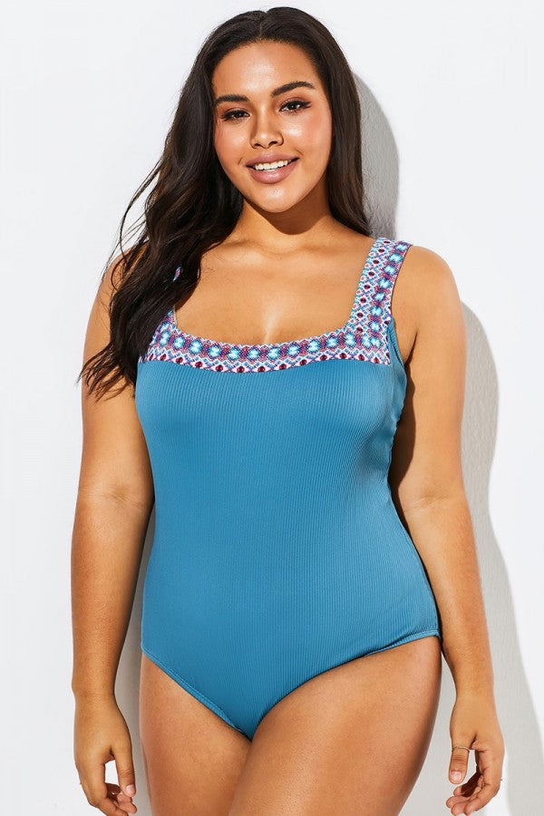 Blue Square Neck Strappy One Piece Swimsuit