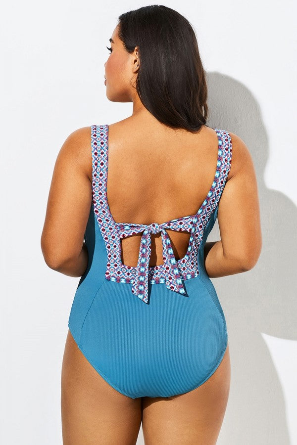 Blue Square Neck Strappy One Piece Swimsuit