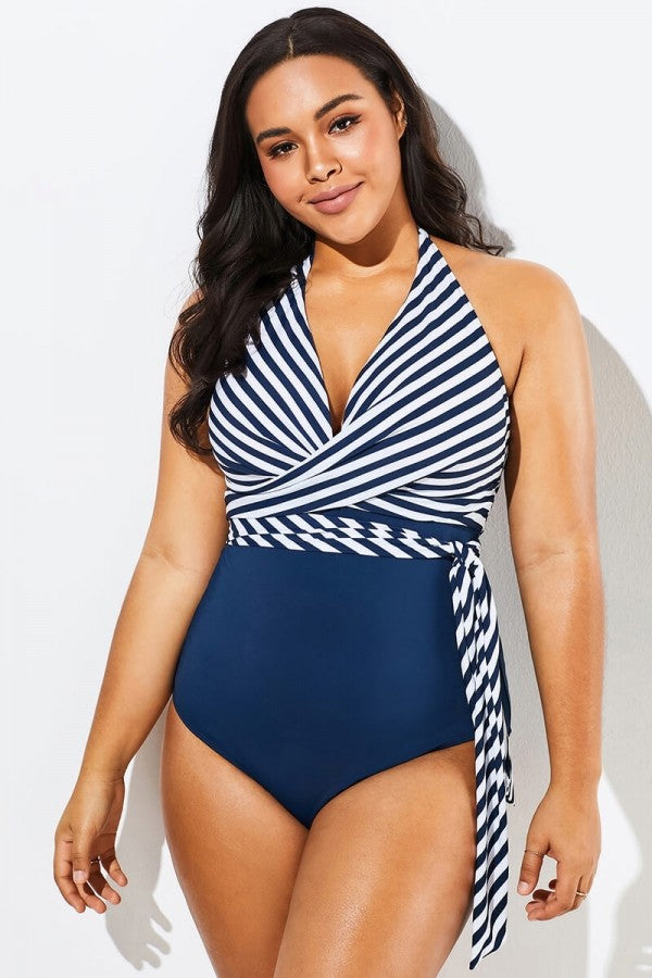 Fashion Faux Wrap Halter One Piece Swimsuit