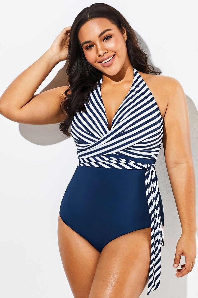 Fashion Faux Wrap Halter One Piece Swimsuit