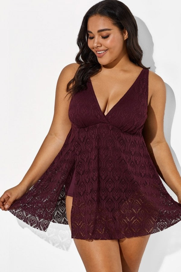 Wine Crochet Side Slit V-Neck Graceful Swimdress