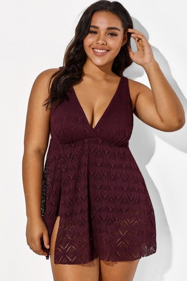 Wine Crochet Side Slit V-Neck Graceful Swimdress