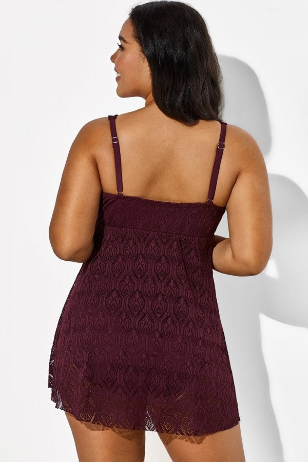 Wine Crochet Side Slit V-Neck Graceful Swimdress