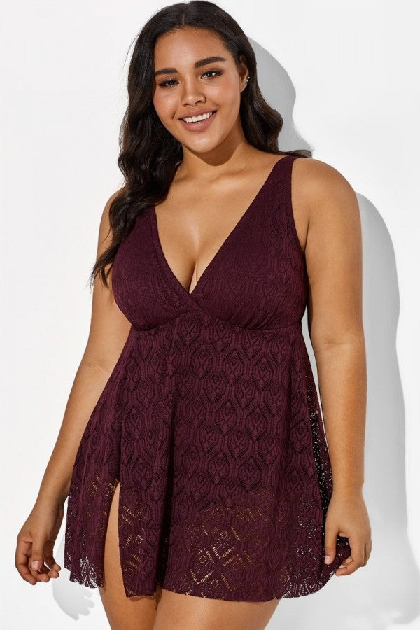 Wine Crochet Side Slit V-Neck Graceful Swimdress