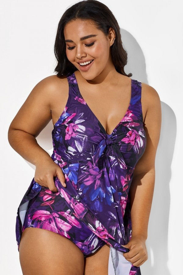 Multicolored Lotus Tie Front V-Neck Swimdress