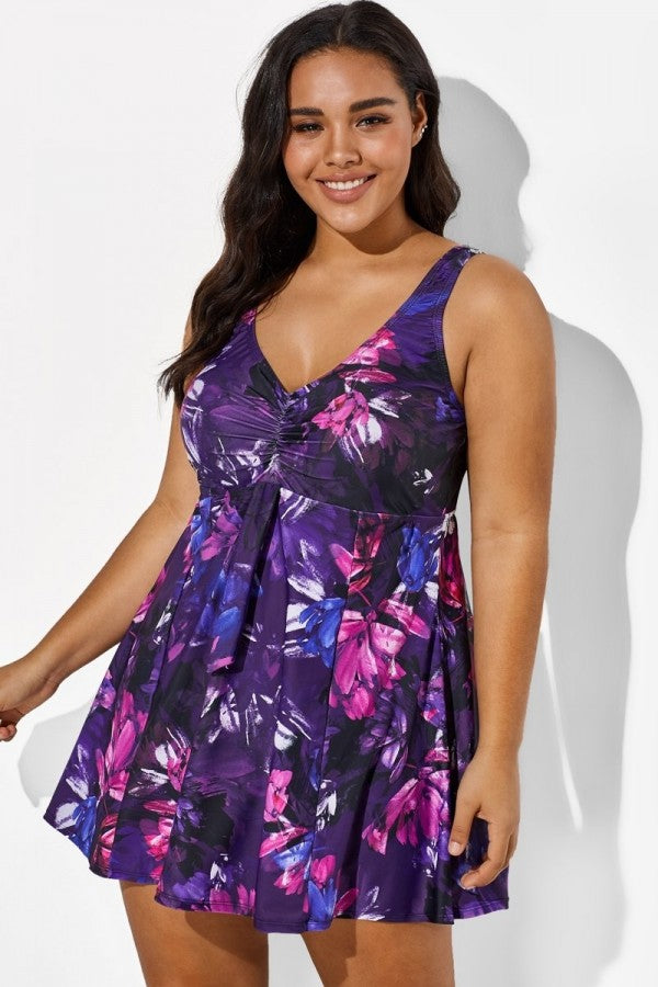 Multicolored Lotus Tie Front V-Neck Swimdress