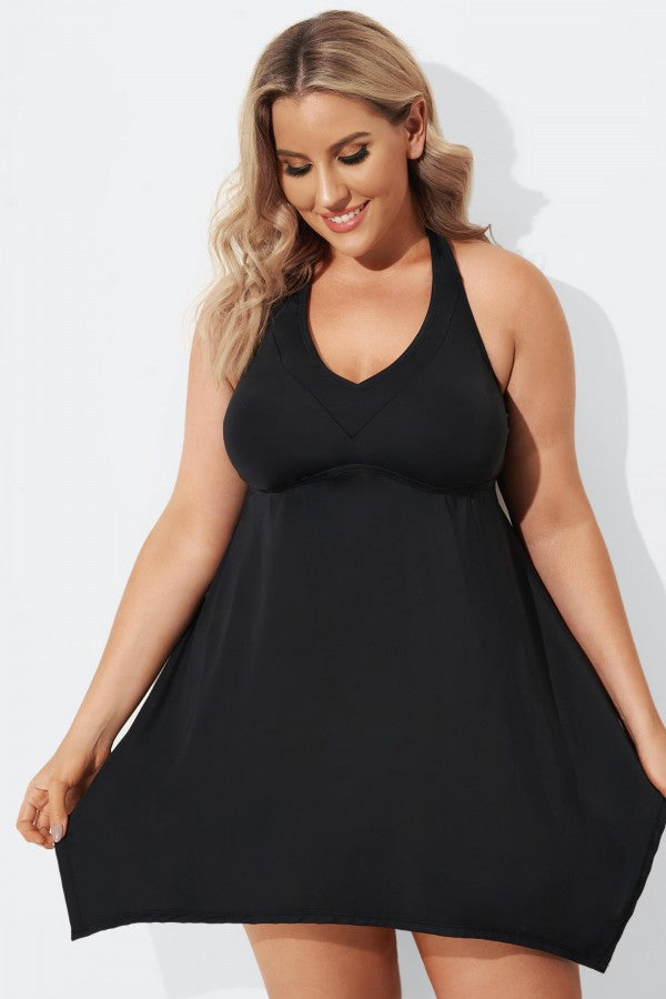 Black Handkerchief Flowy Halter 2 Piece Swimdress Set