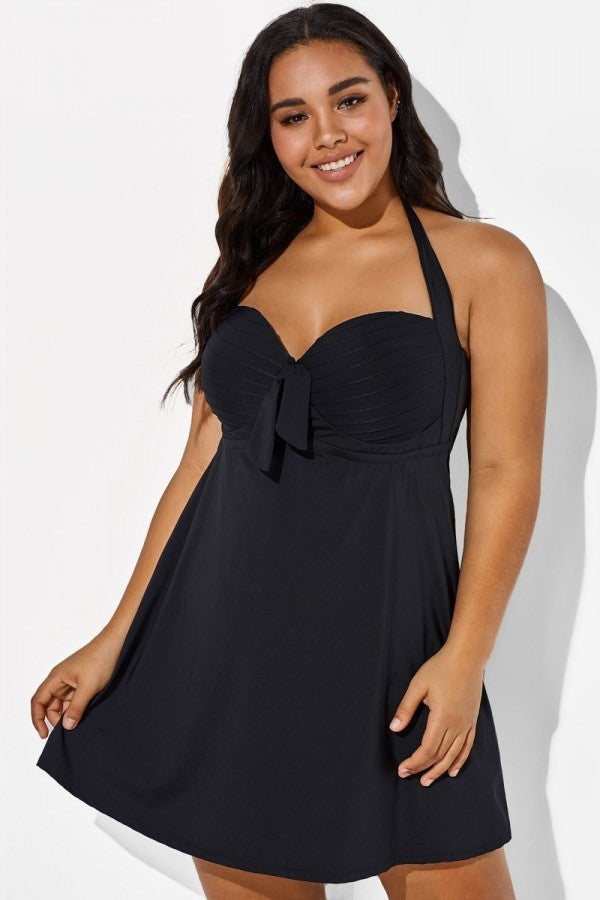 Black Bow Classic Halter Swimdress For Lady