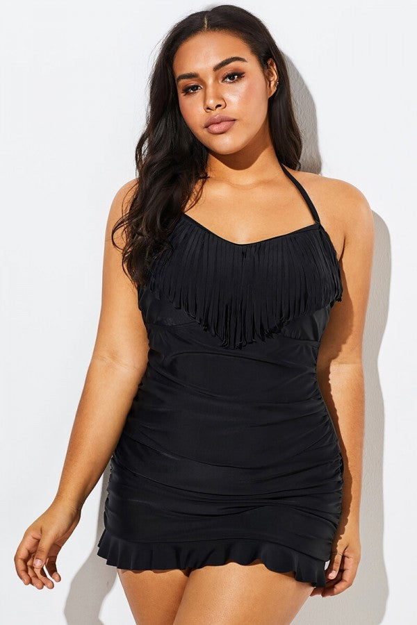 Solid Black Fringe Ruffle Hem Bandeau Swimdress