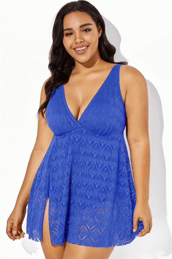 Blue Crochet Side Slit V-Neck Graceful Swimdress